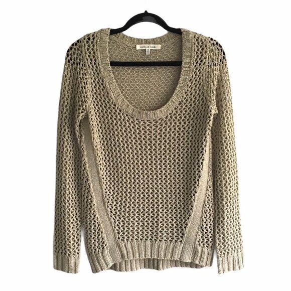 Robert Rodriguez Scoop Neck Open Knit Crochet Sweater Tan Gold Shimmer M - Picture 1 of 8